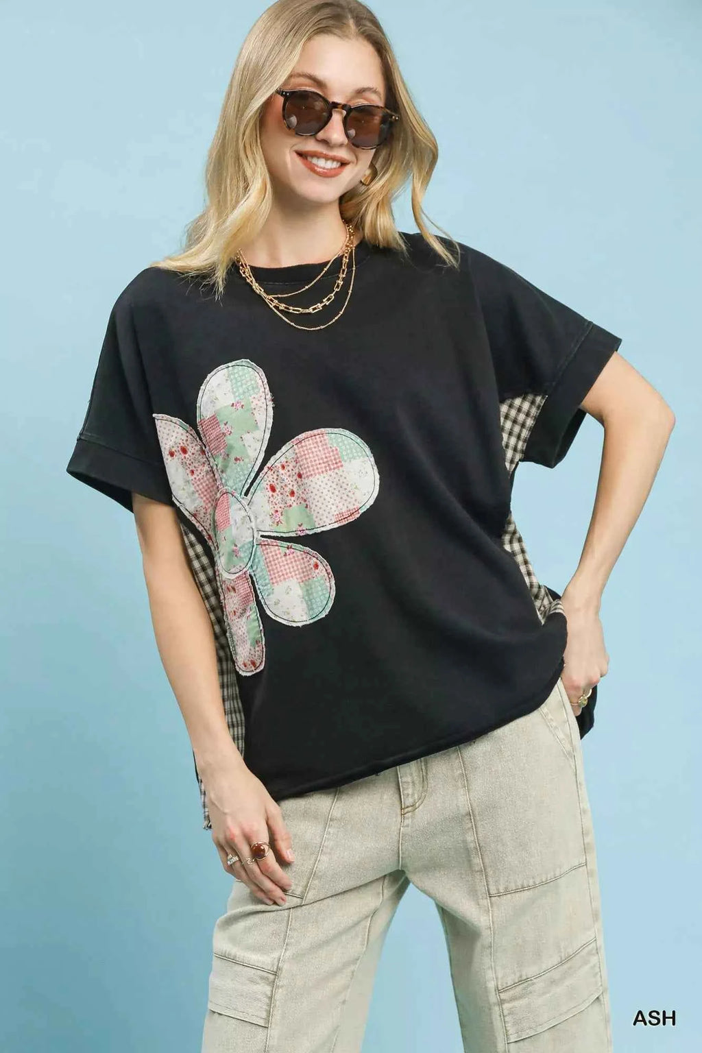 Umgee Blouse Ash Black Mineral Wash Flower Patch French Terry Top Short Sleeve 436652d4-2c25-4e38-aa7c-d9868eb2501e-Max-Origin Trendsi