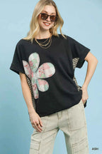 Umgee Blouse Ash Black Mineral Wash Flower Patch French Terry Top Short Sleeve 436652d4-2c25-4e38-aa7c-d9868eb2501e-Max-Origin Trendsi
