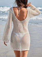 Swimwear Cover-Up Mini Dress Knit Long Sleeve Flower V Neck Apricot 437149f5-401a-49e3-ad37-54153d11436a-Max-Origin Trendsi