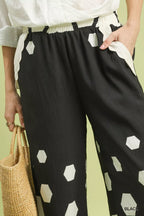 Umgee Wide Leg Pants Black Hexagon Print with Scalloped Hem 4373b001-2faf-4e2e-a811-53dadf258bc9-Max-Origin Trendsi
