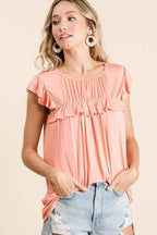 BiBi Jersey Top Ruffle Knit Gathered Coral Flaired Short Sleeve Blouse 4373d2f7b76b44429b76c8d39688ce7d-Max-Origin Trendsi