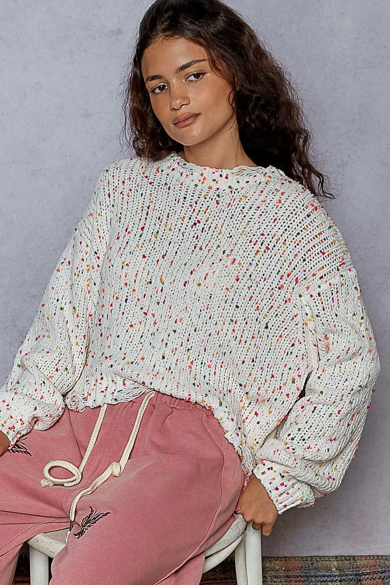 POL Sweater Knit White Pink Colorful Round Neck Fringed Distressed Hem 4375ad27-86e6-4df5-9e7c-1ef203e39ee2-Max-Origin Trendsi