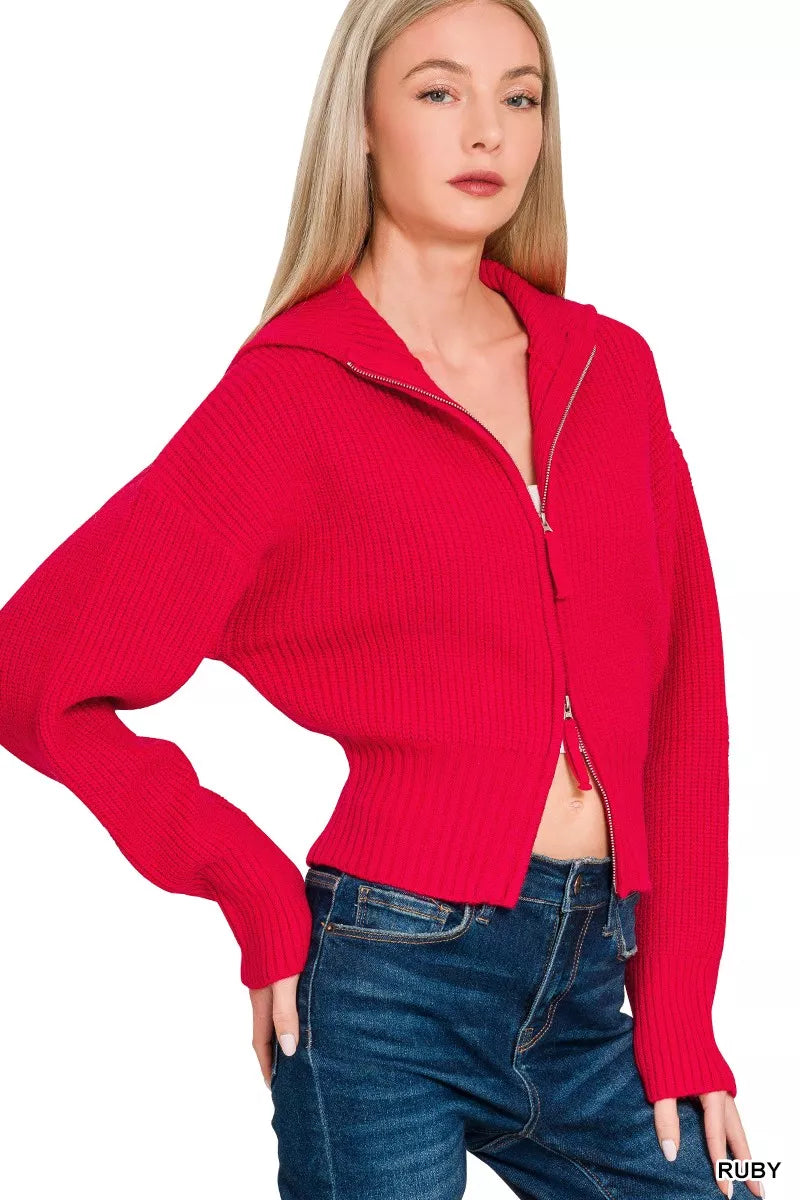 Zenana Sweater Cardigan Ruby Red Ribbed Collared Zip Up 438327fccc024defa47d351c295c1fe7-Max-Origin Trendsi
