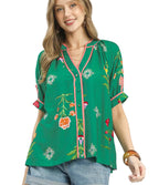 Umgee Botanical Print Blouse with Contrast Trim and Button Front