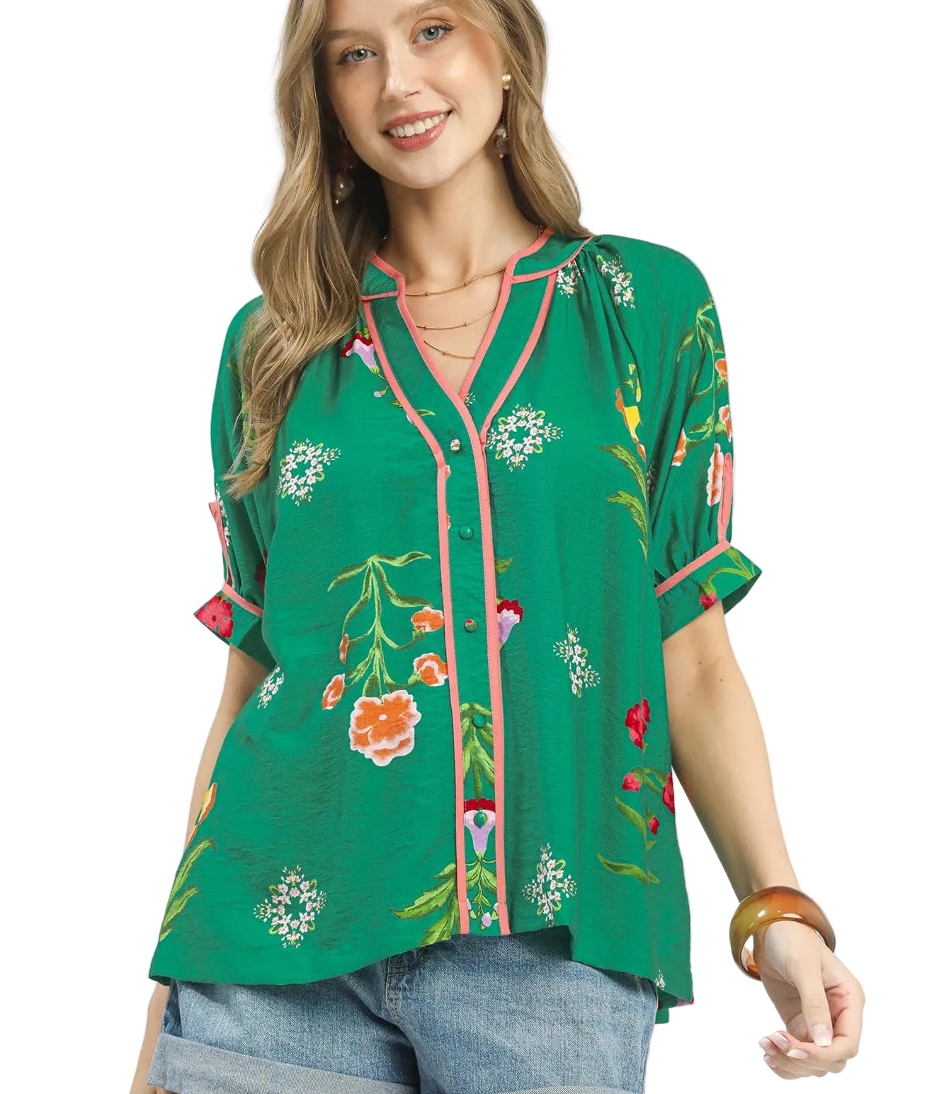 Umgee Botanical Print Blouse with Contrast Trim and Button Front