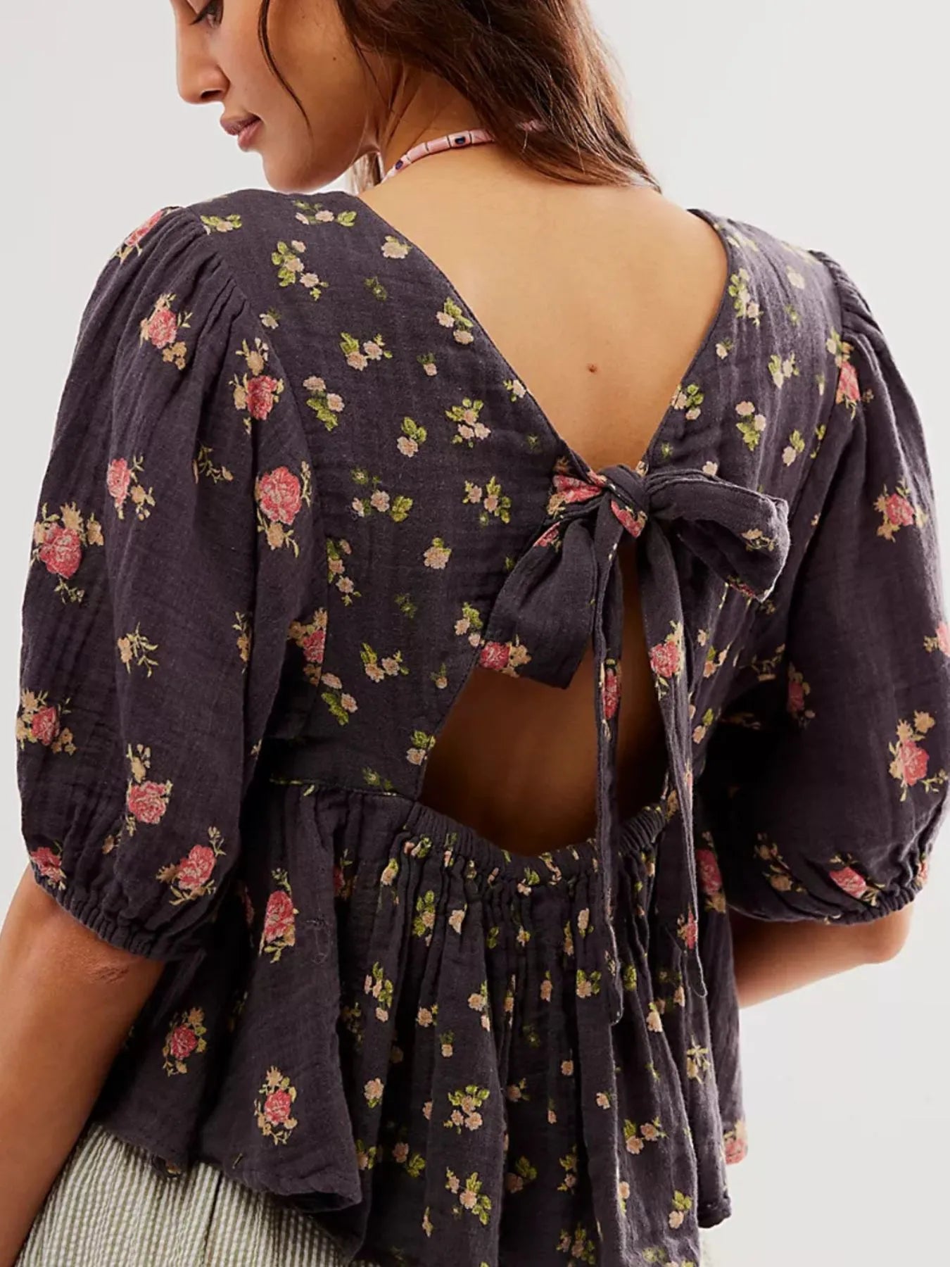 Women's Blouse Floral Puff Short Sleeve Bow Back Backless Top 438a469f-94e9-4217-b8e6-905b6e3205f8-Max-Origin Trendsi