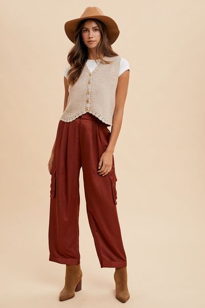 Annie Wear Cargo Satin Pants Burgundy Wide Leg Pocketed 438cc85e-adfe-487e-a78b-14ff38829923-Min Trendsi