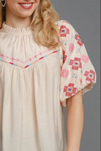Umgee Blouse Cream Embroidered Puff Sleeve Mock Neck Top 438df783-559c-41d6-a0e5-c926274ae207-Max Trendsi