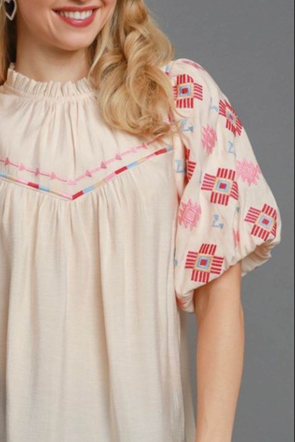 Umgee Blouse Cream Embroidered Puff Sleeve Mock Neck Top 438df783-559c-41d6-a0e5-c926274ae207-Max Trendsi