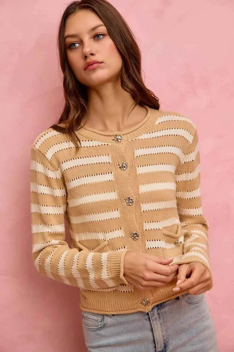 SO ME Women Sweater Cardigan Stripe White Beige Long Sleeves Buttoned 438ea077f5e24e6f975b6fa6ab19ba73-Max-Origin Trendsi