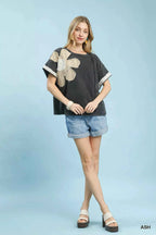 Umgee Blouse French Terry Top with Flower Patch Short Sleeve Ash Gray 43a09332-78ad-48b8-a404-64a3a5771f18-Max-Origin Trendsi