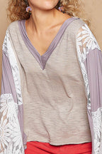 POL Women Blouse Gray Lace Detail V-Neck Flare Long Sleeve Semi-sheer 43abe14f-4f87-476b-9dc0-57be360d9ffd-Max Trendsi
