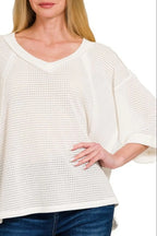 Zenana T-shirt Waffle Brushed Exposed-seam 3/4 Sleeve Off White Top 43b6d81f-f28a-4233-a9df-4bbf7d2a415f-Max-Origin Trendsi