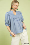 Umgee Smocked Yoke Blouse with Ruffled Sleeves