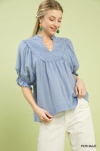 Umgee Smocked Yoke Blouse with Ruffled Sleeves