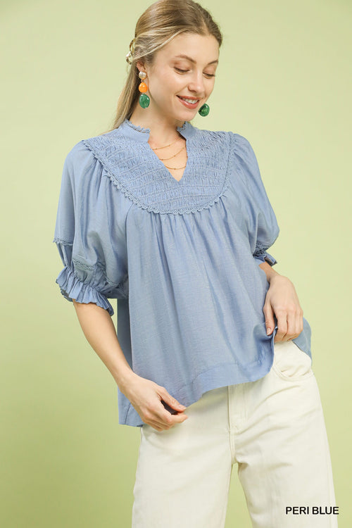 Umgee Smocked Yoke Blouse with Ruffled Sleeves