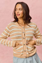 SO ME Women Sweater Cardigan Stripe White Beige Long Sleeves Buttoned 43be925bea8e419d9fc64d9d384abad7-Max-Origin Trendsi