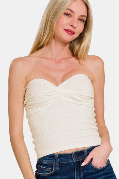 Zenana Strapless Top Ruched Twisted Sweetheart Neck Ivory Ivory 43c9b920-f214-42fa-92fa-91a25b4e372b-Min Trendsi