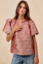 BiBi Jacquard Womens Blouse Red Woven Short Balloon Sleeves V Neck Top 43cfed5e96b042e8b98a265b377806ee-Max-Origin Trendsi