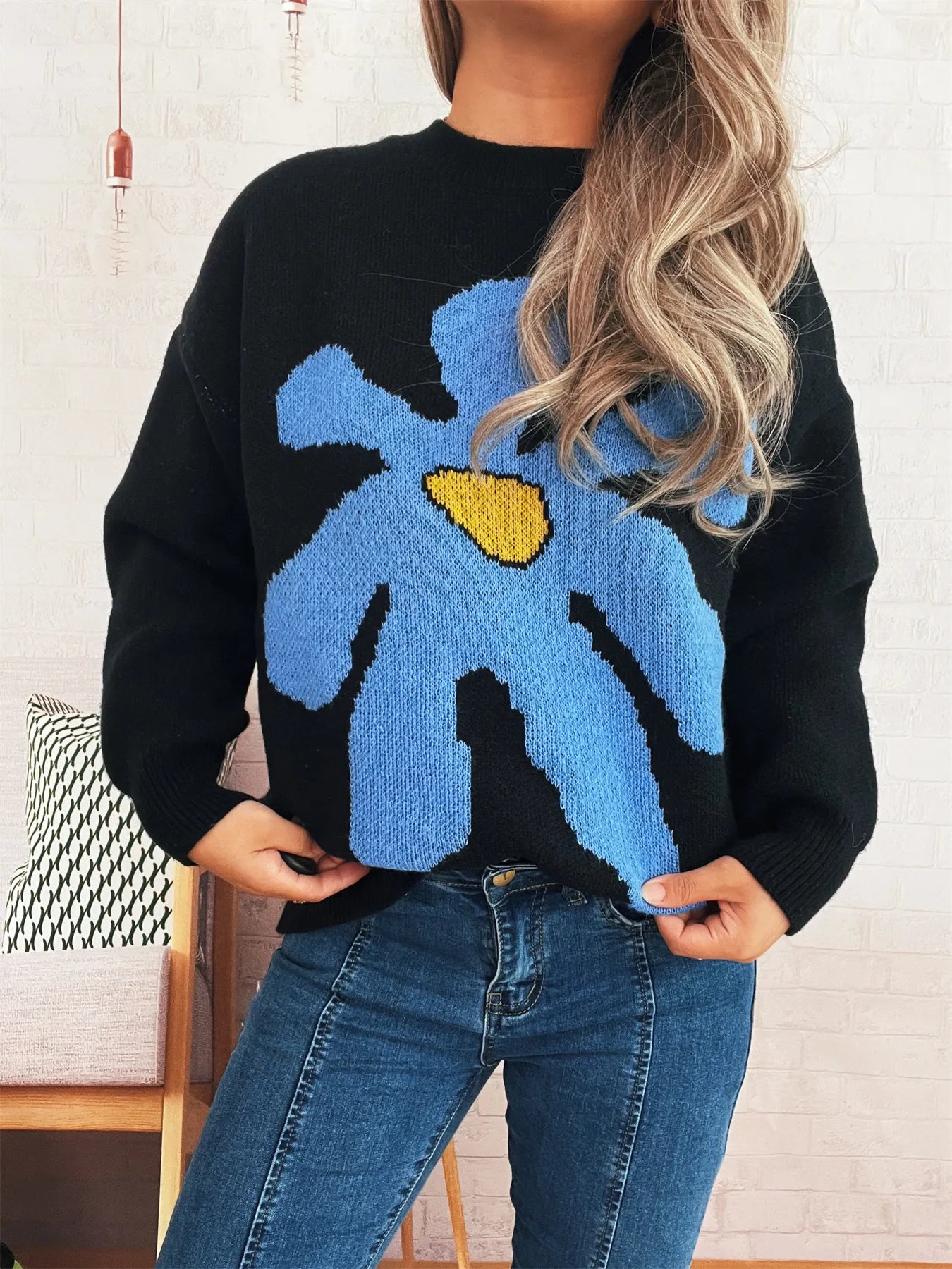 Women's Sweater Flower Dropped Shoulder Knit Long Sleeve Pullover 43d39f20e09f47999970dd866b2926db-Max-Origin Trendsi