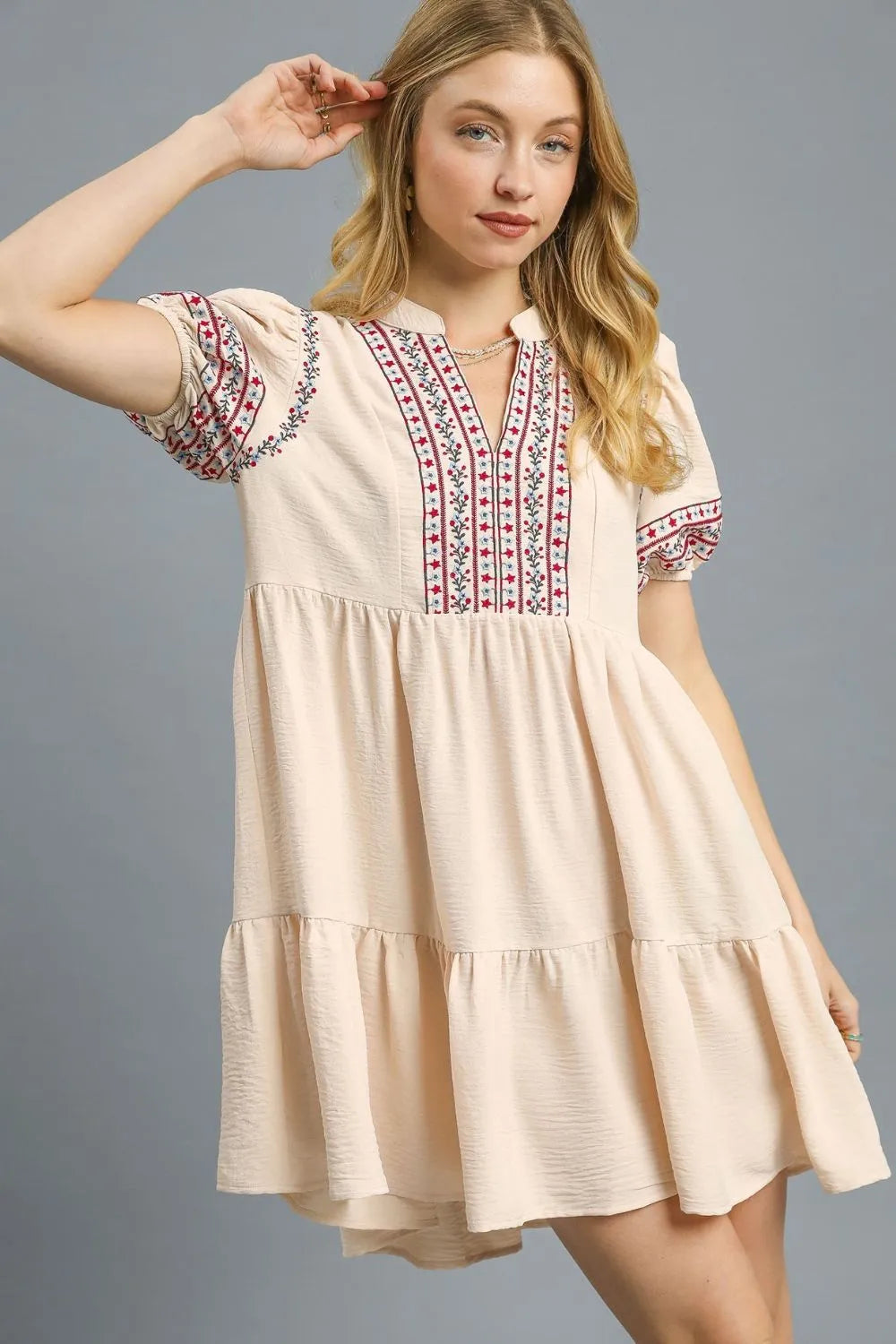 Umgee Mini Dress Ruffled Floral Trim Embroidered Puff Short Sleeve Ruched Tan 43e7dc9a-f8a2-4bbd-9ee6-279ffd198da4-Max-Origin Trendsi