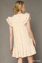 Umgee Mini Dress Pink Cream Bow Print Ruffled Cap Short Sleeve Ruffled 43f46145-4762-4fb0-9822-44a9636ae328-Max-Origin Trendsi
