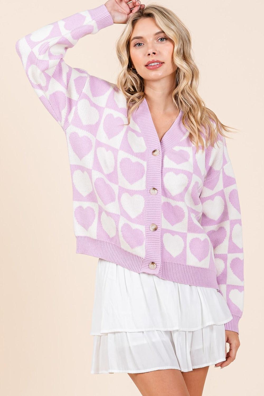Mittoshop Checkered Heart Button Down Cardigan Long Sleeve Lilac