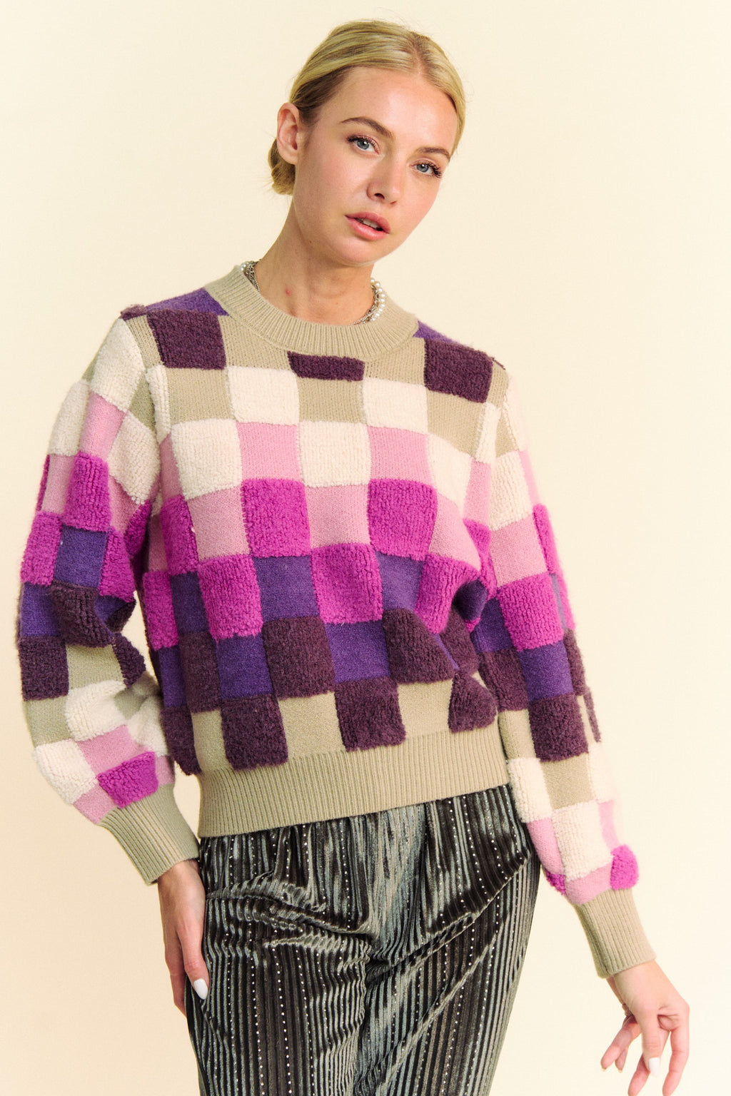 Davi & Dani USA Checkered Knit Sweater Purple Multi Round Neck Long Sleeve 43fa2e0d-f679-4e35-9031-0bfd8adf176d-Max Trendsi