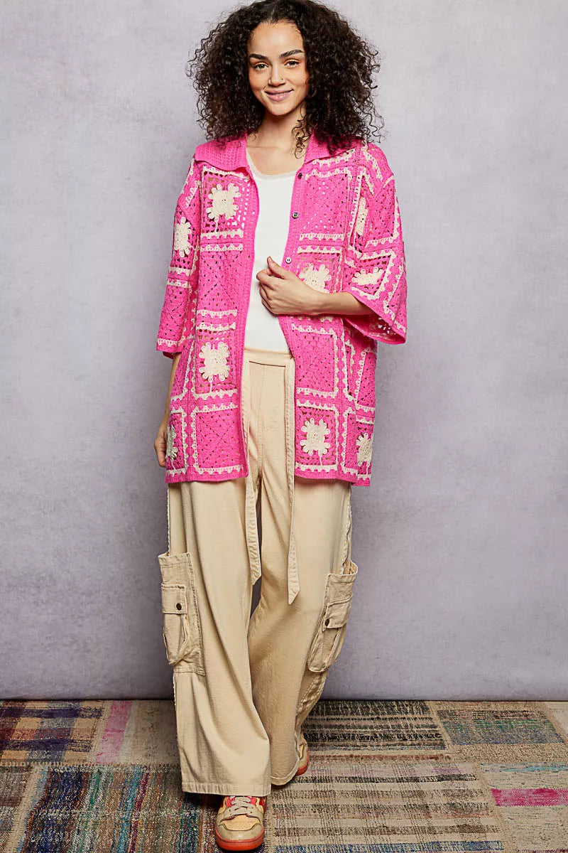 POL Crochet Shirt Pink Multi Openwork Floral with Granny Square Pattern Top 4409074c-22d1-43c9-b6af-a61ef0f34d51-Max-Origin Trendsi