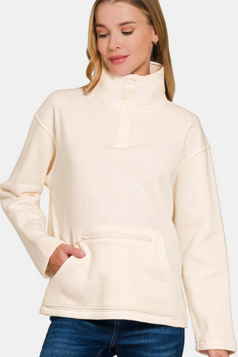 Zenana Sweatshirt Cream Turtleneck Half Snap Fleece Women Long Sleeve