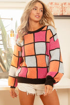 BiBi Women's Sweater Checker Orange Red Multi Color Pattern Oversized 44136364a1d14a2c9faccd1e32008b30-Max-Origin Trendsi