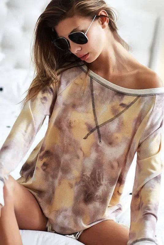 BiBi Womens Pullover Tie Dye Taupe Multi Terry With Contrast Stitching Top 441483d65e244fd99eaf93e4c24ec14f-Max-Origin Trendsi