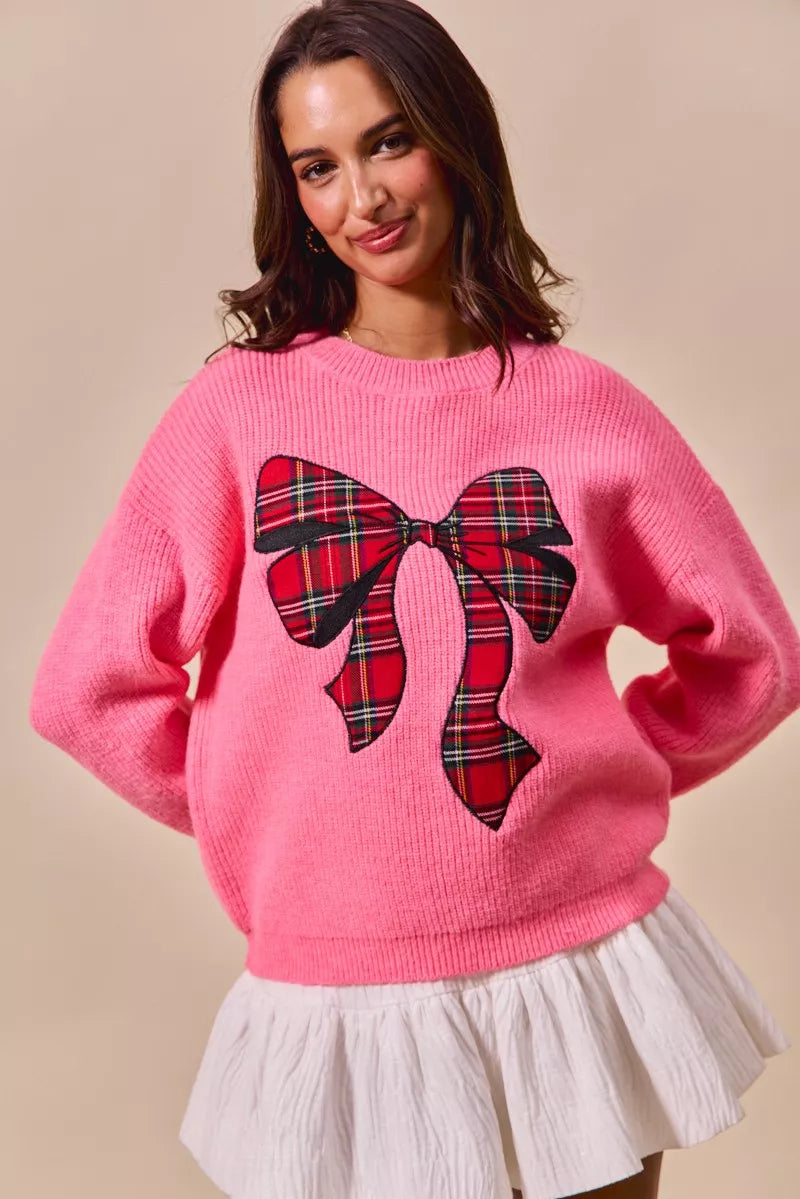 SO ME Womens Christmas Holiday Sweater Pink with Checker Plaid Ribbon 4419e696cbc24ee5bd73b62f8d671180-Max-Origin Trendsi