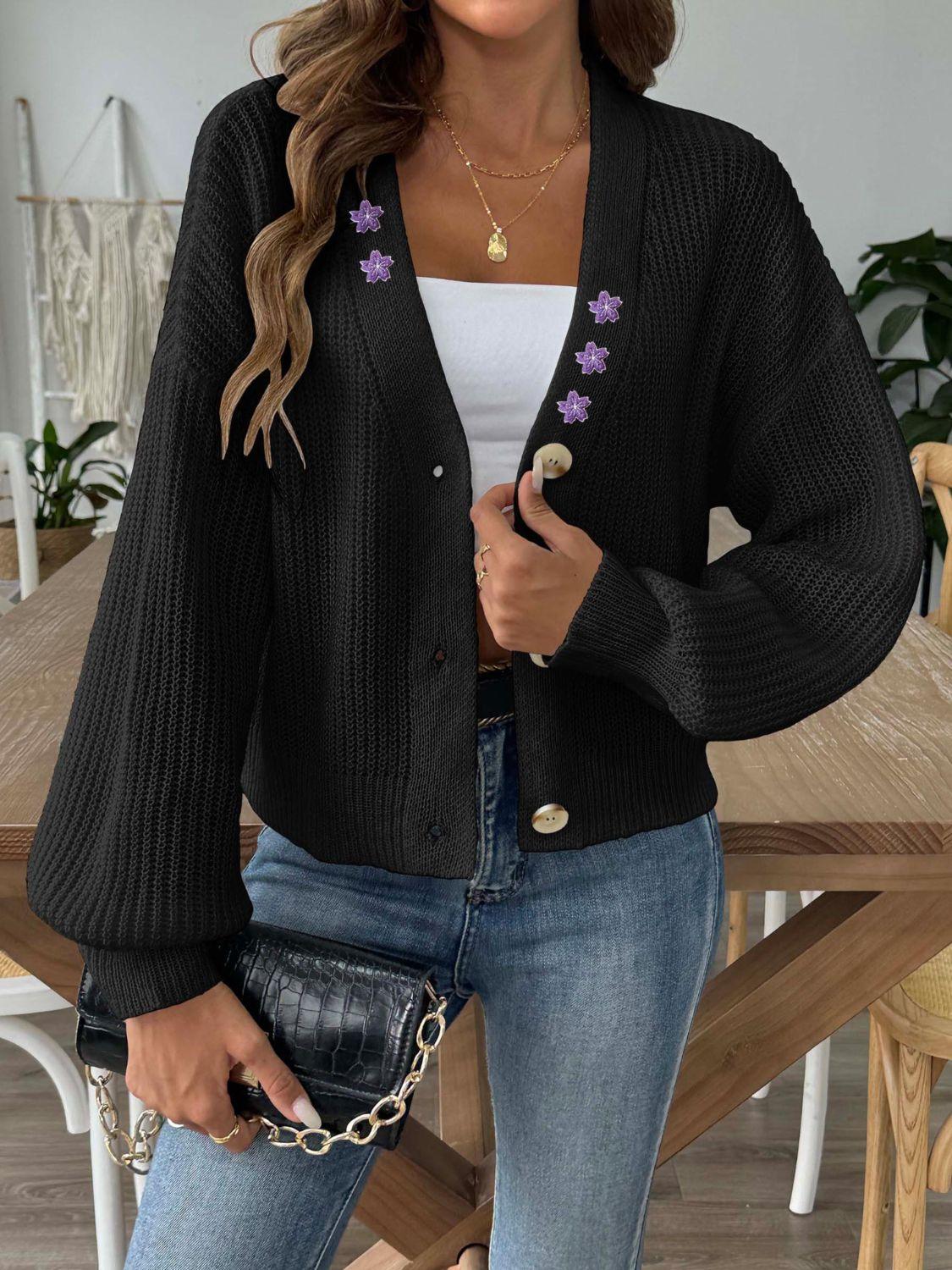 Knit Cardigan V-Neck Flower Embroidered Button Up Long Sleeve Black 442051fb-09fe-41ab-bd24-ca028487dd5a-Max Trendsi