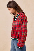 BiBi Christmas Womens Blouse Red Plaid Collared Top with Ruffled Detail 4422826238644ae8aaeabee880ed3d43-Max-Origin Trendsi