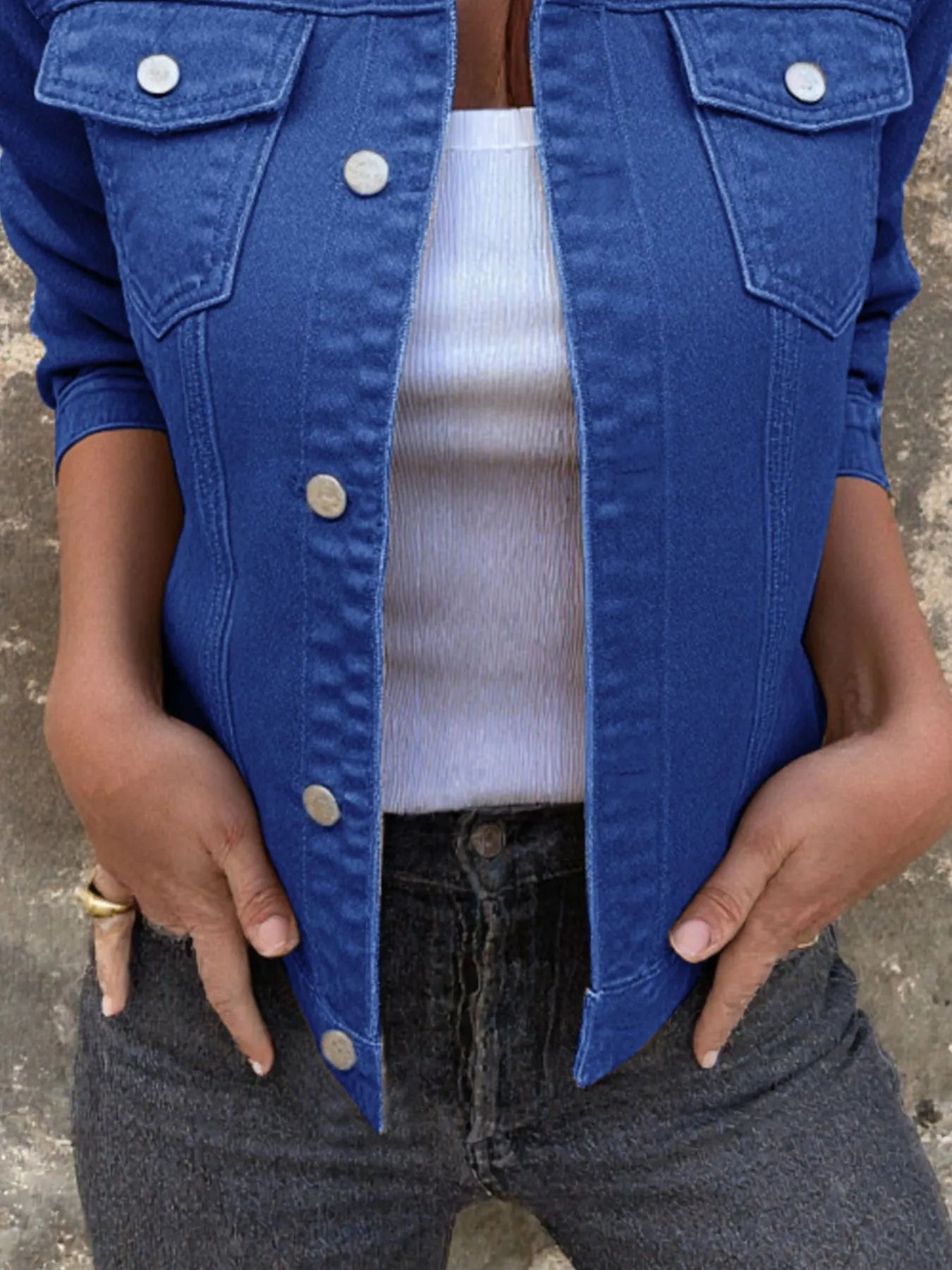 Women's Denim Jacket Short Button Front Long Sleeve with Pockets 44292141-abae-4af6-b2ff-8d10d59d899f-Max-Origin Trendsi