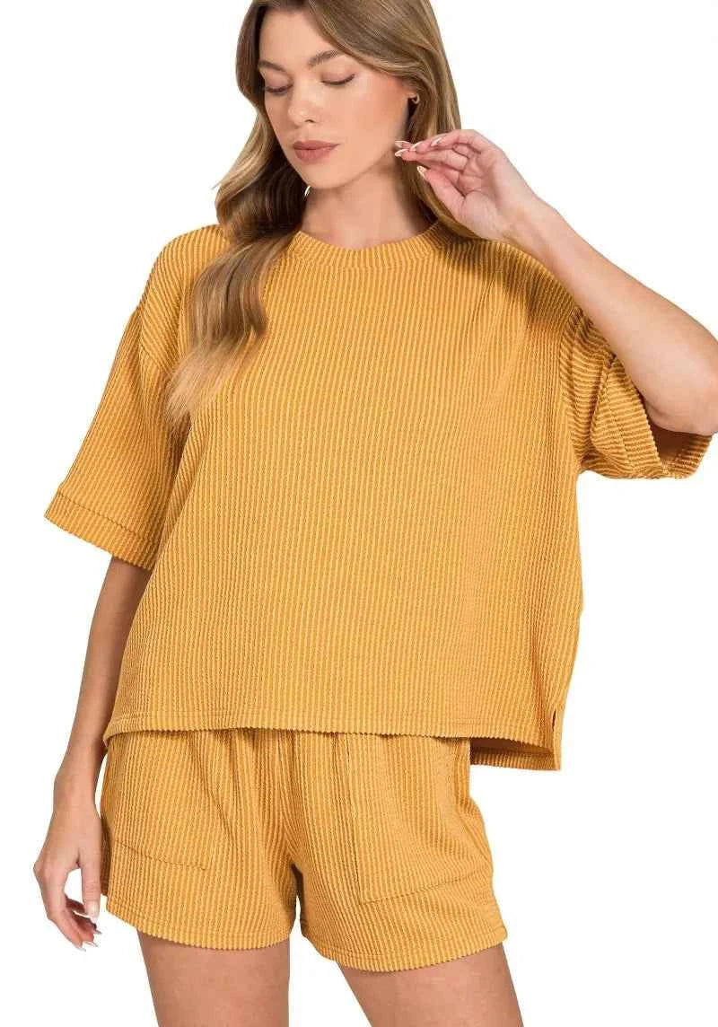 Zenana Outfit Set Mustard Raised Rib Short Sleeve Tee and Drawstring Shorts MUSTARD 442ebdc3fc1a405fa73ca70c65fecccd-Max-Origin Trendsi