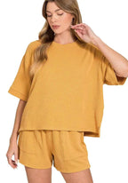 Zenana Outfit Set Mustard Raised Rib Short Sleeve Tee and Drawstring Shorts MUSTARD 442ebdc3fc1a405fa73ca70c65fecccd-Max-Origin Trendsi