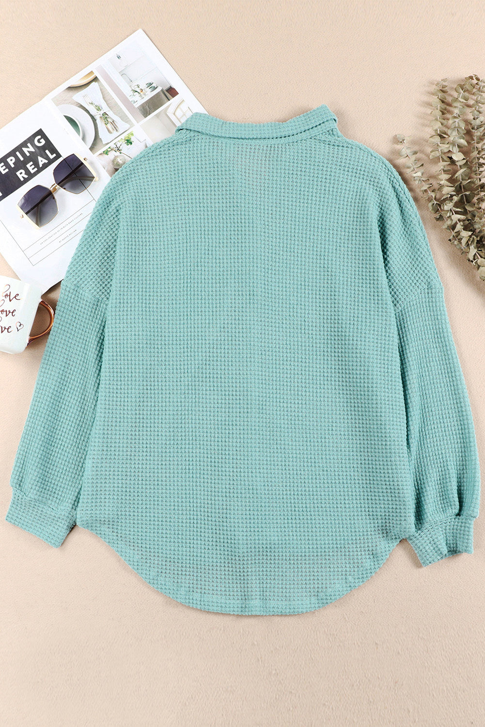 Waffle-Knit Women Shirt Collared Neck Long Sleeve Pocketed Single Breasted 443105bf-63aa-46e4-b905-47166078cc14-Max Trendsi
