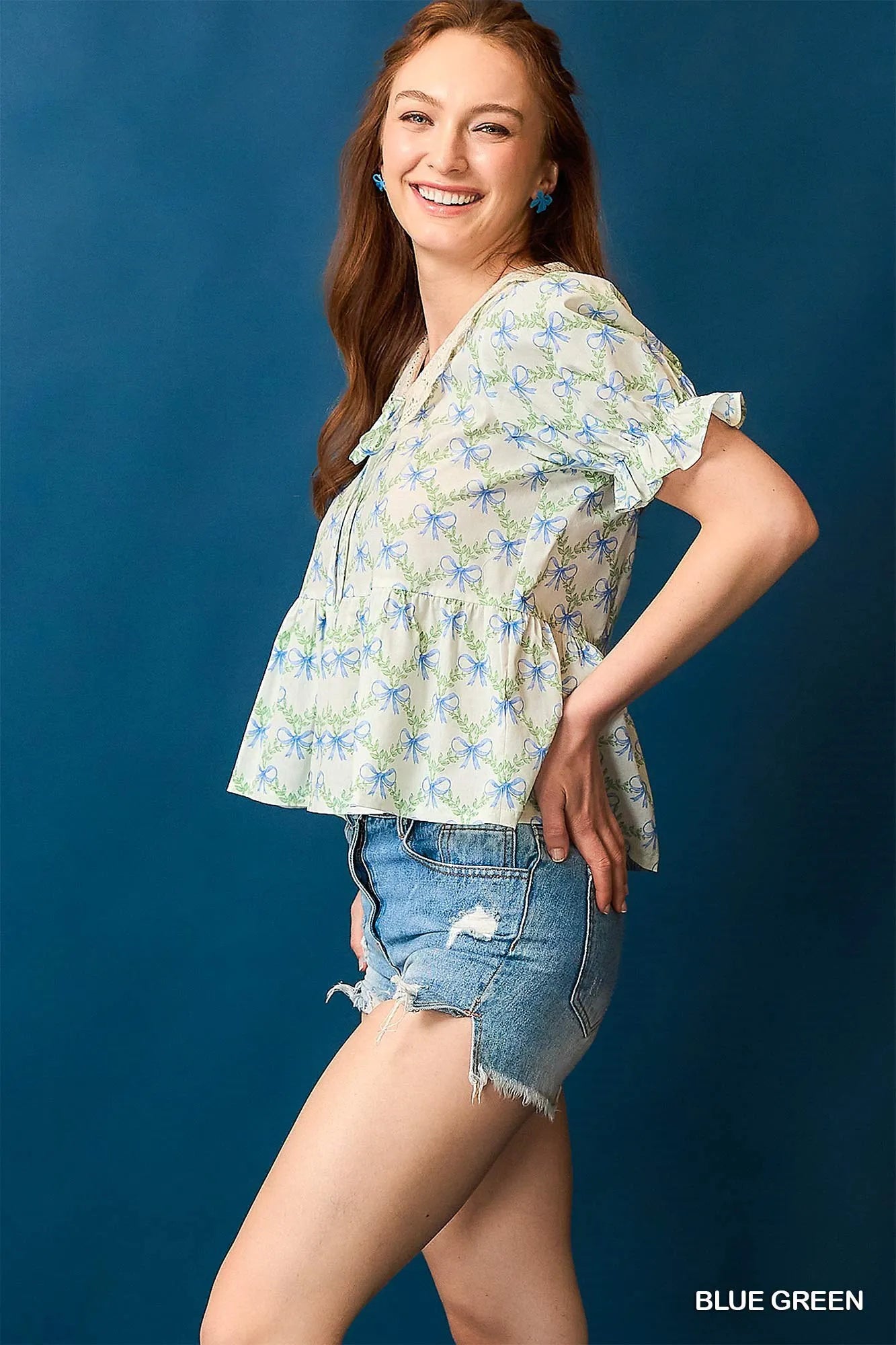 Umgee Blouse Bow Blue Floral Print Lace Detail Flounce Short Sleeve Top 44332122-e26c-4299-be94-19cafd554bba-Max-Origin Trendsi
