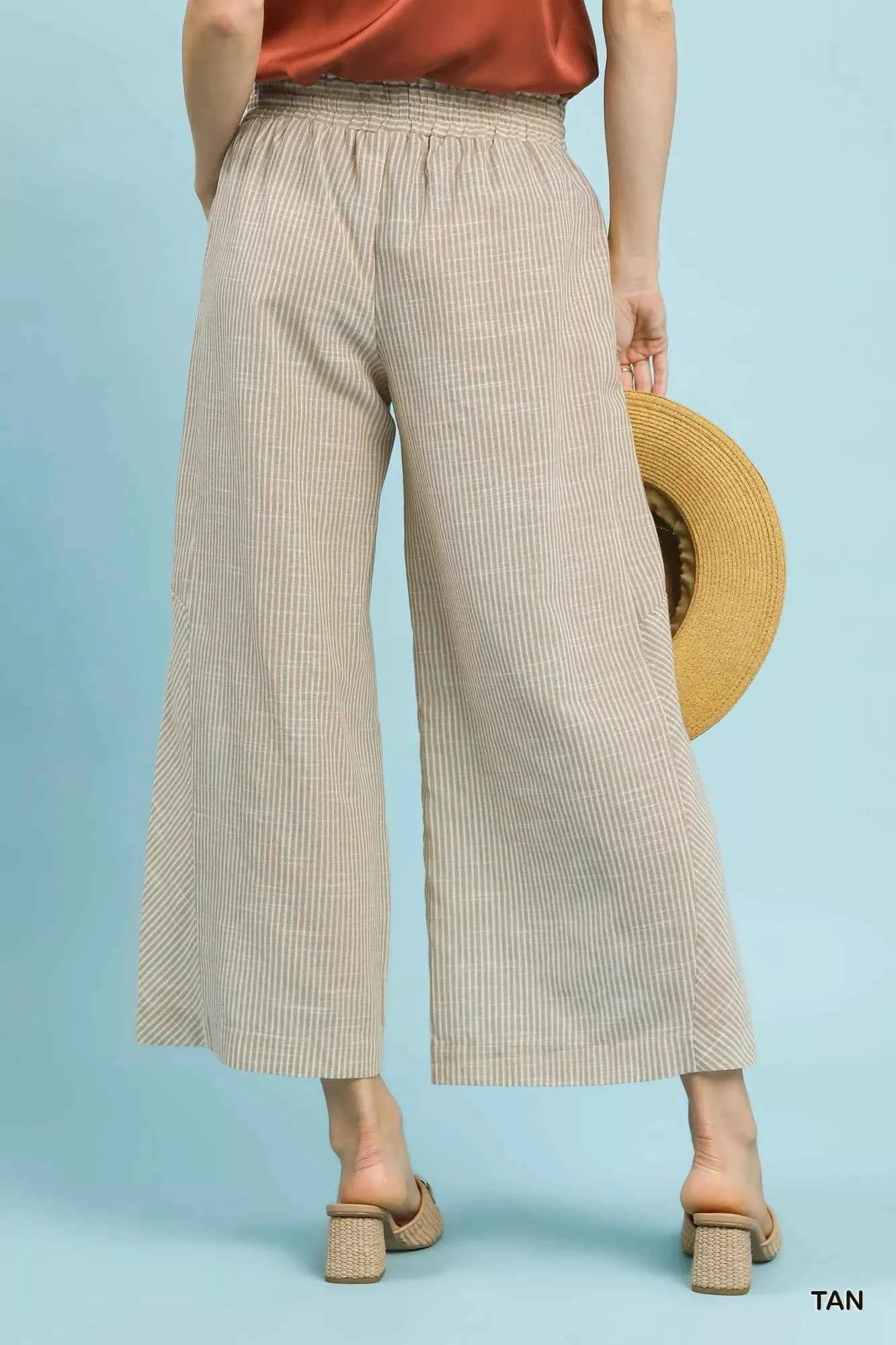 Umgee Wide Leg Pants Tan Striped Linen Blend Drawstring Waist Pocketed 44344017-47fd-4abb-909f-5d628f51ae40-Max-Origin Trendsi