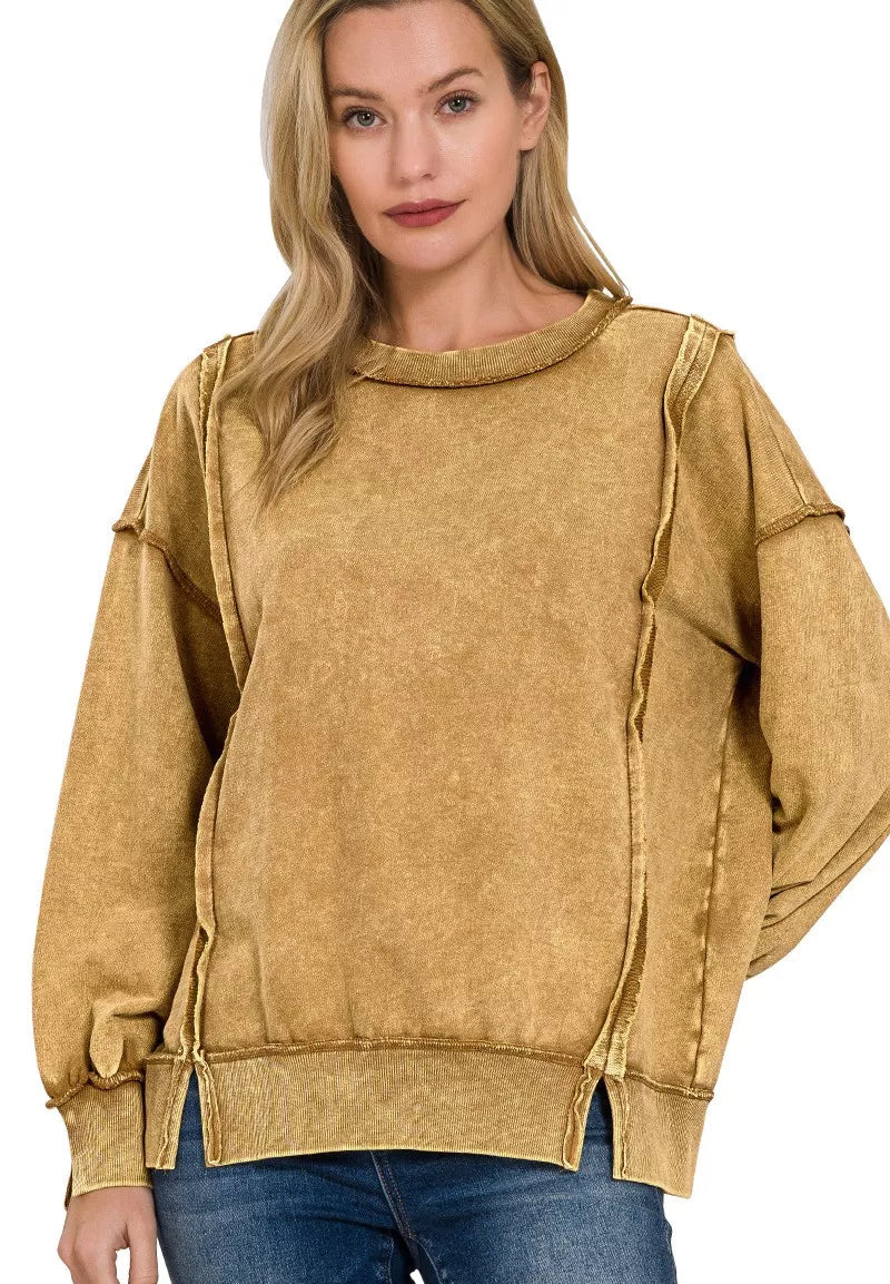 Zenana Acid Wash French Terry Exposed-Seam Sweatshirt