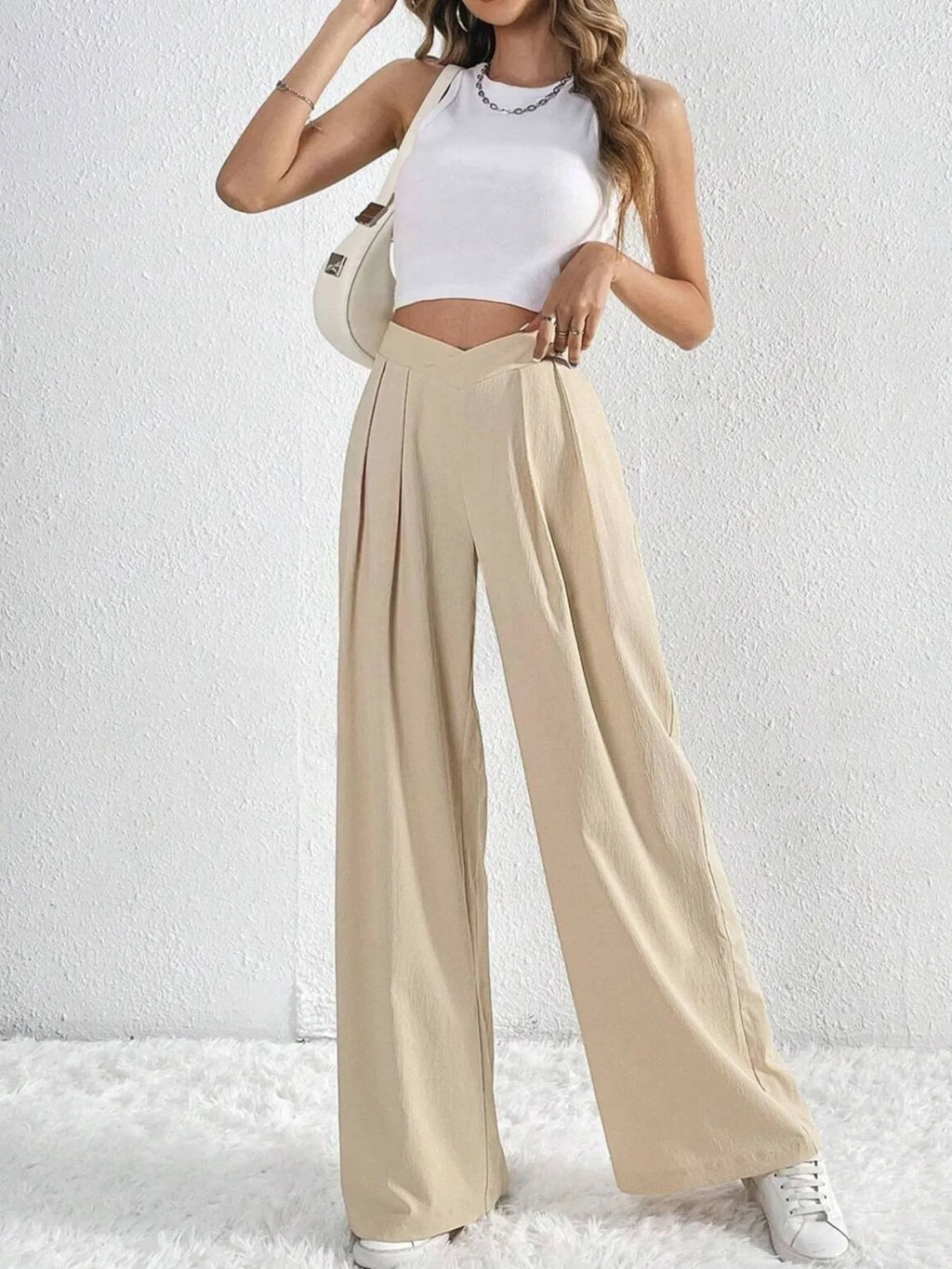 Women's Pants V-Waisted Ruched Front Wide Leg Trousers Pocketed 443f312daa284c96bc8b0a4d19f490d6-Max-Origin Trendsi