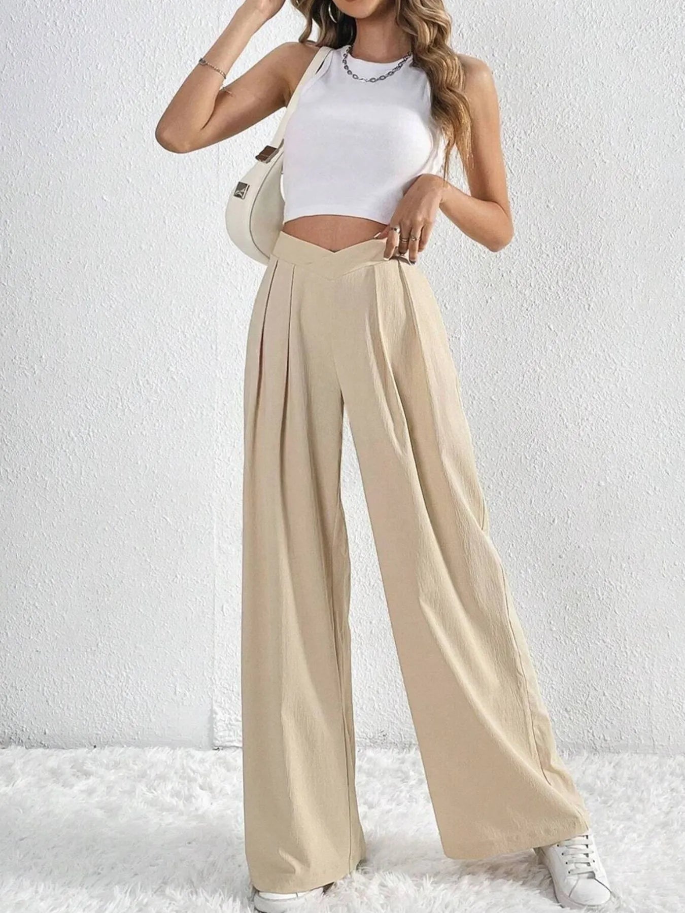 Women's Pants V-Waisted Ruched Front Wide Leg Trousers Pocketed 443f312daa284c96bc8b0a4d19f490d6-Max-Origin Trendsi