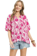 Umgee Floral Scalloped Edge Puff Sleeve Blouse with High-Low Curved Hem