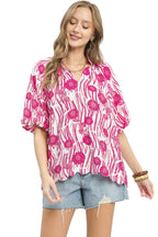 Umgee Floral Scalloped Edge Puff Sleeve Blouse with High-Low Curved Hem