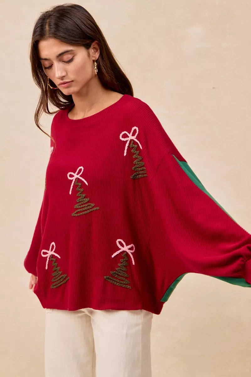 BiBi Womens Sweater Christmas Theme Tree Embroidered Red Pullover 44403bb6150b4f2cab645e48fd93b3ba-Max-Origin Trendsi