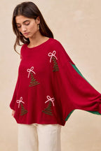 BiBi Womens Sweater Christmas Theme Tree Embroidered Red Pullover 44403bb6150b4f2cab645e48fd93b3ba-Max-Origin Trendsi