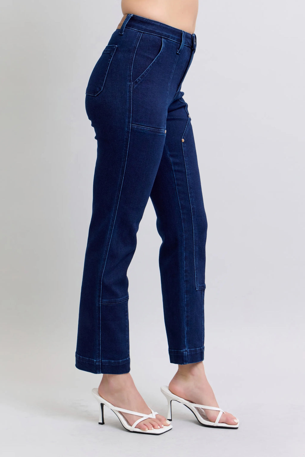 Judy Blue Straight Jeans High Waist Rivet Work Wear Knee Patch Dark Wash 444042decc6e45e58c92bff7b10b28bf-Max-Origin Trendsi
