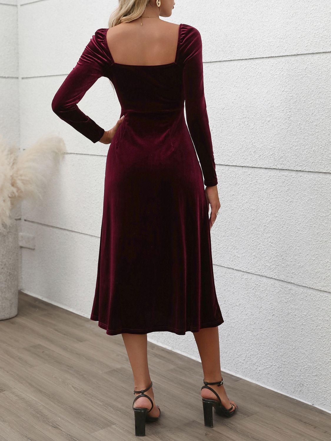 Perfee Burgundy Midi Dress Sweetheart Neck Long Sleeve Stretch